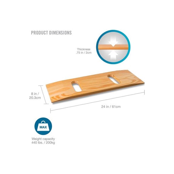 Healthsmart DMI Wooden Slide Transfer Board, 440 lb Capacity, 24" x 8" x 1" , 2 Cut Out Handles 518-1765-0400 - main